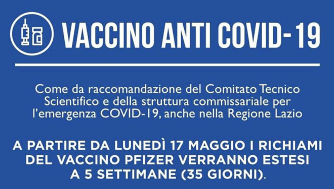 Vaccinazione anti-Covid: dal 17 Maggio richiamo Pfizer esteso a 35 giorni