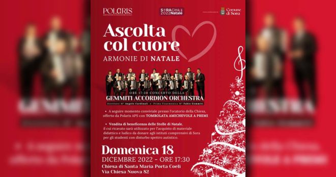 Sora: “Ascolta col cuore. Armonie di Natale”. Domenica 18 concerto di beneficenza a S. Maria Porta Coeli
