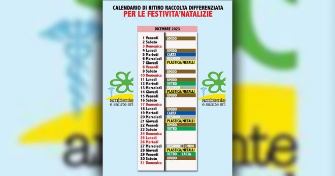 Ambiente: nuovo calendario raccolta Dicembre 2023
