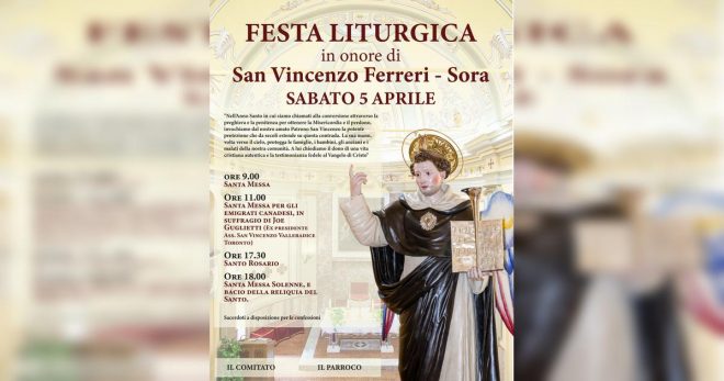 Sora: il 5 aprile 2025 Festa Liturgica in onore di San Vincenzo Ferreri