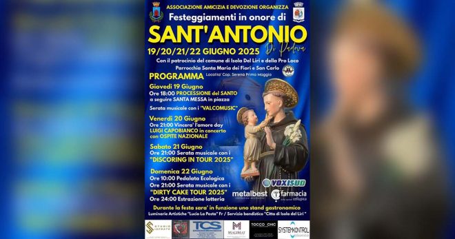 Isola del Liri in festa per Sant’Antonio di Padova: quattro giorni di spiritualità, musica e tradizioni popolari
