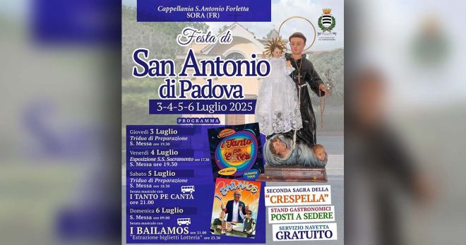 Sora: Festa a Sant’Antonio Forletta, il programma di sabato 5 e domenica 6 luglio