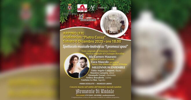 Arpino: debutta “I promessi sposi”, nuovo spettacolo musicale-teatrale con Luca Mascolo, Ida Maurano e il “Millennium Ensemble”