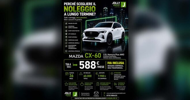 Mazda CX-60 Homura Plus AWD: guidala con noleggio lungo termine e 0 pensieri Mazda Rent. Solo da Jolly Auto