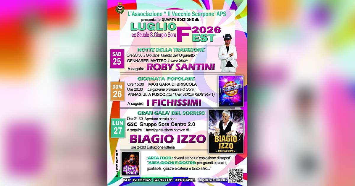 Sora, a San Giorgio continua “Luglio Fest”: stasera Annagiulia Fusco e I Fichissimi, domani gran finale con Biagio Izzo