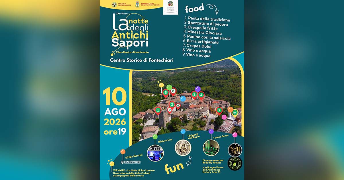 Fontechiari, torna la Notte degli Antichi Sapori: il 10 agosto il borgo si trasforma tra cucina tipica, musica e stelle cadenti