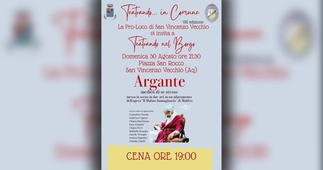 San Vincenzo Vecchio, questa sera torna “Teatrando… in Comune”: in scena un adattamento di Molière