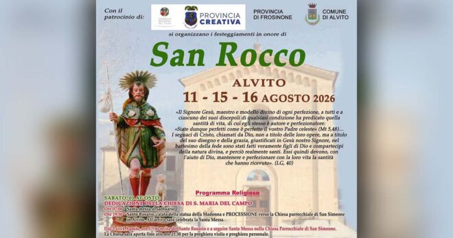 Alvito, festa di San Rocco 2026: dal 11 al 16 agosto tra celebrazioni religiose, processioni e musica