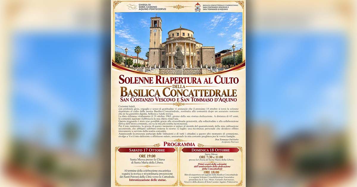 Aquino: riapre la Concattedrale dopo i restauri, due giorni di celebrazioni il 17 e 18 ottobre