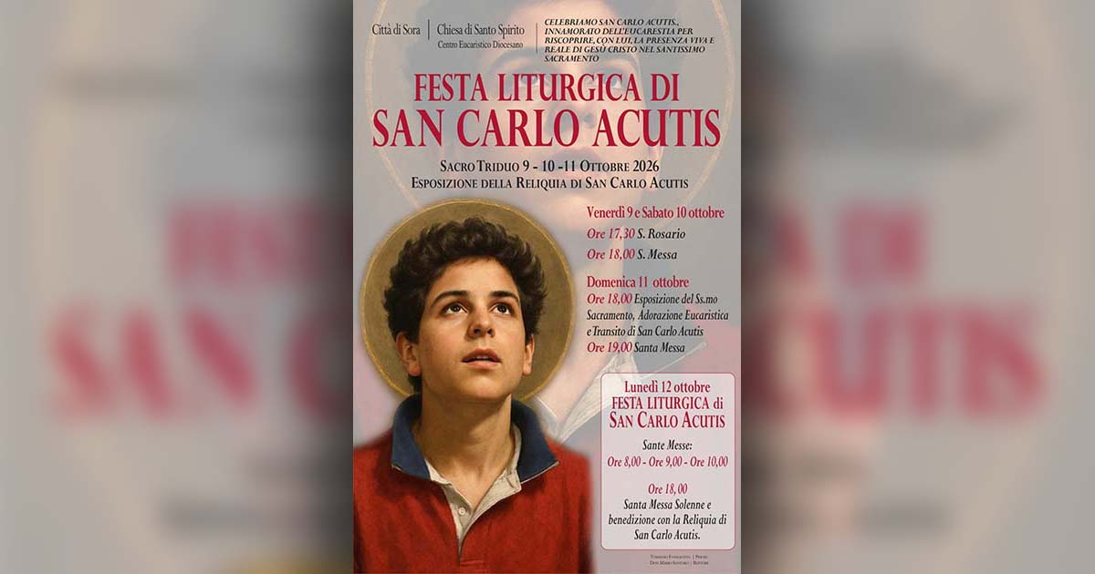 Sora, festa liturgica di San Carlo Acutis: a S. Spirito tre giorni di celebrazioni e l’esposizione della reliquia