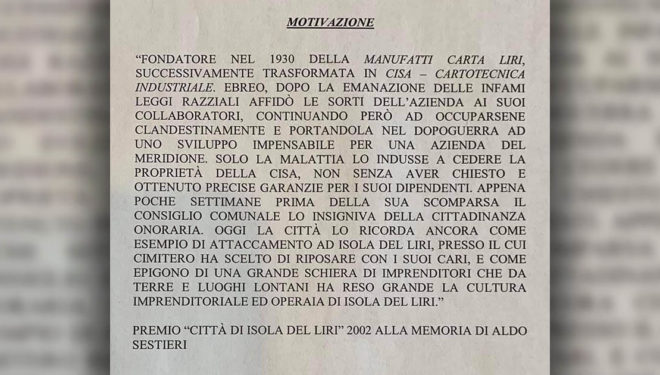 Giornata della Memoria: Il Sindaco di Isola del Liri ricorda l’imprenditore Aldo Sestieri
