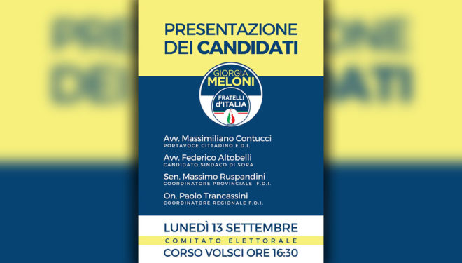ELEZIONI SORA 2021 – Lunedì 13 presentazione della lista di Fratelli d’Italia