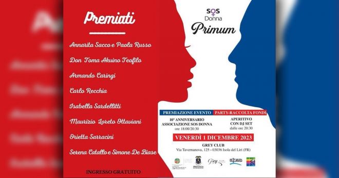 “Primum”: premio speciale 10° anniversario associazione “SOS Donna”. Venerdì 1° Dicembre al Grey