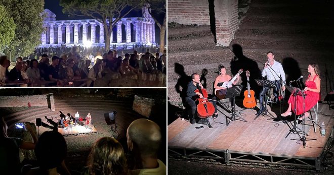 Luca Mascolo, Ida Carmen, Valentina Di Silvestro e Donato Cedrone durante lo spettacolo all’Ekklesiasterion di Paestum.